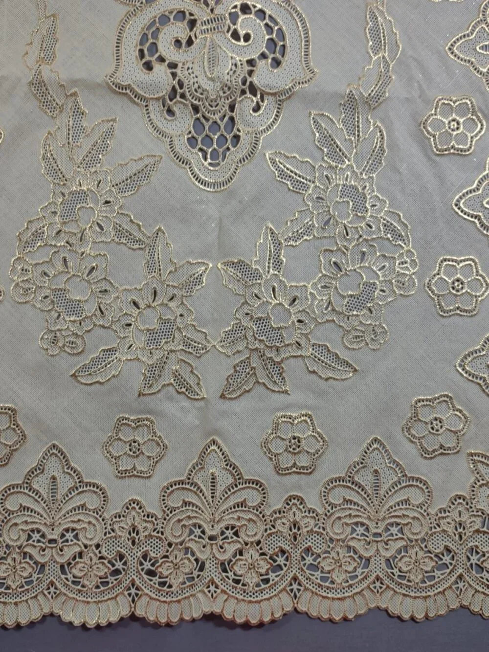 Vtg Gold Vinyl Lace Table Runner Scarf Floral Metallic Ornate 16